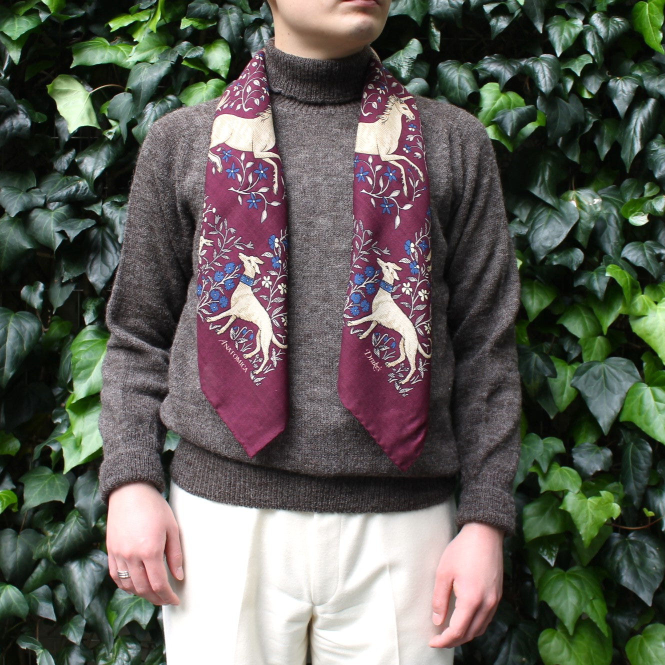 DRAKE'S SQUARE SCARF UNICORN BURGUNDY